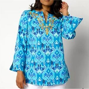BELLISIMA by Kim Gravel Ikat Tunic Blouse NEW Embroidered Poplin Top Vacation 1X